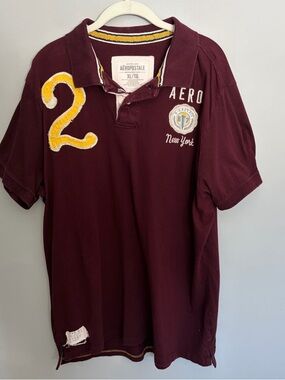 Aeropostale 1987 Athletic Dept 9 Polo Shirt Men's XL Fitted Maroon Distressed